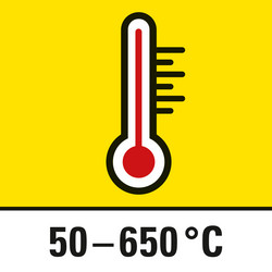 Varmluftstemperatur som kan forhåndsvelges i trinn på 10 grader fra 50 °C til 650 °C